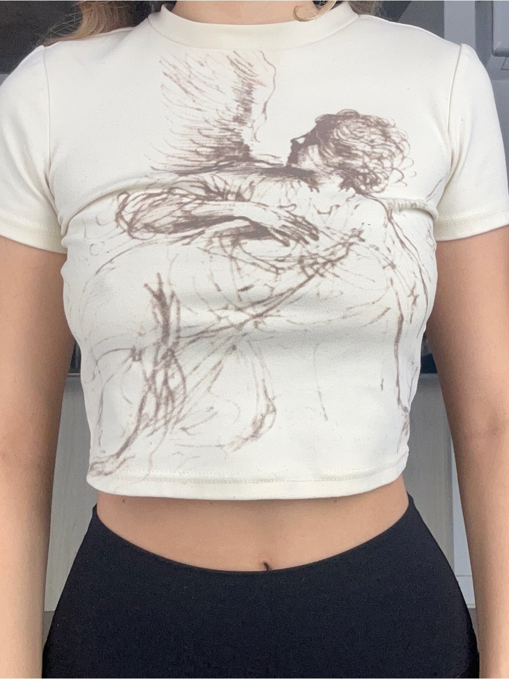 SHEIN Cream Short Sleeve Graphic Crop Top